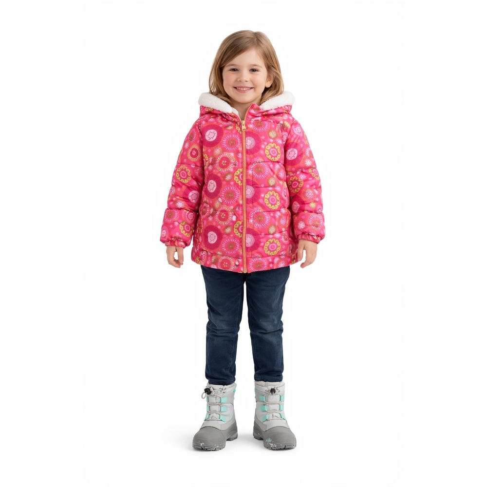 LONDON FOG Girls Pink Pattern Puffer Jacket Fur Hood Size‎ 5-6